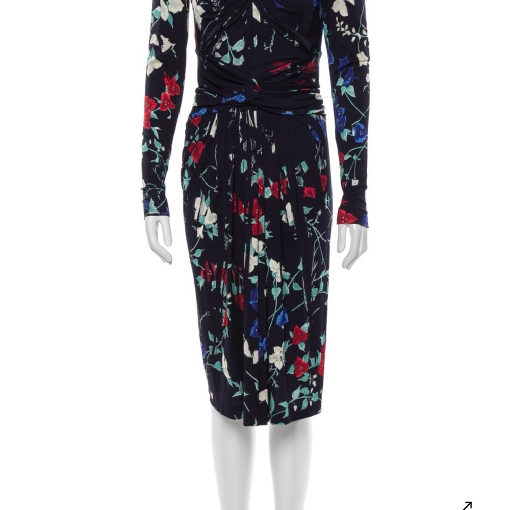 Salvatore Ferragamo Long Sleeve Dress with Red and Navy Floral Design